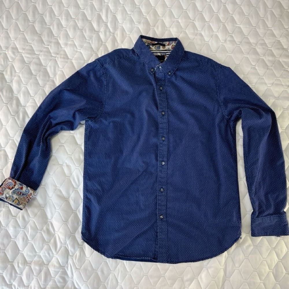 Denim & Flower Button Down Mens Small Blue Polka Dot Paisley Trim Good Shirt